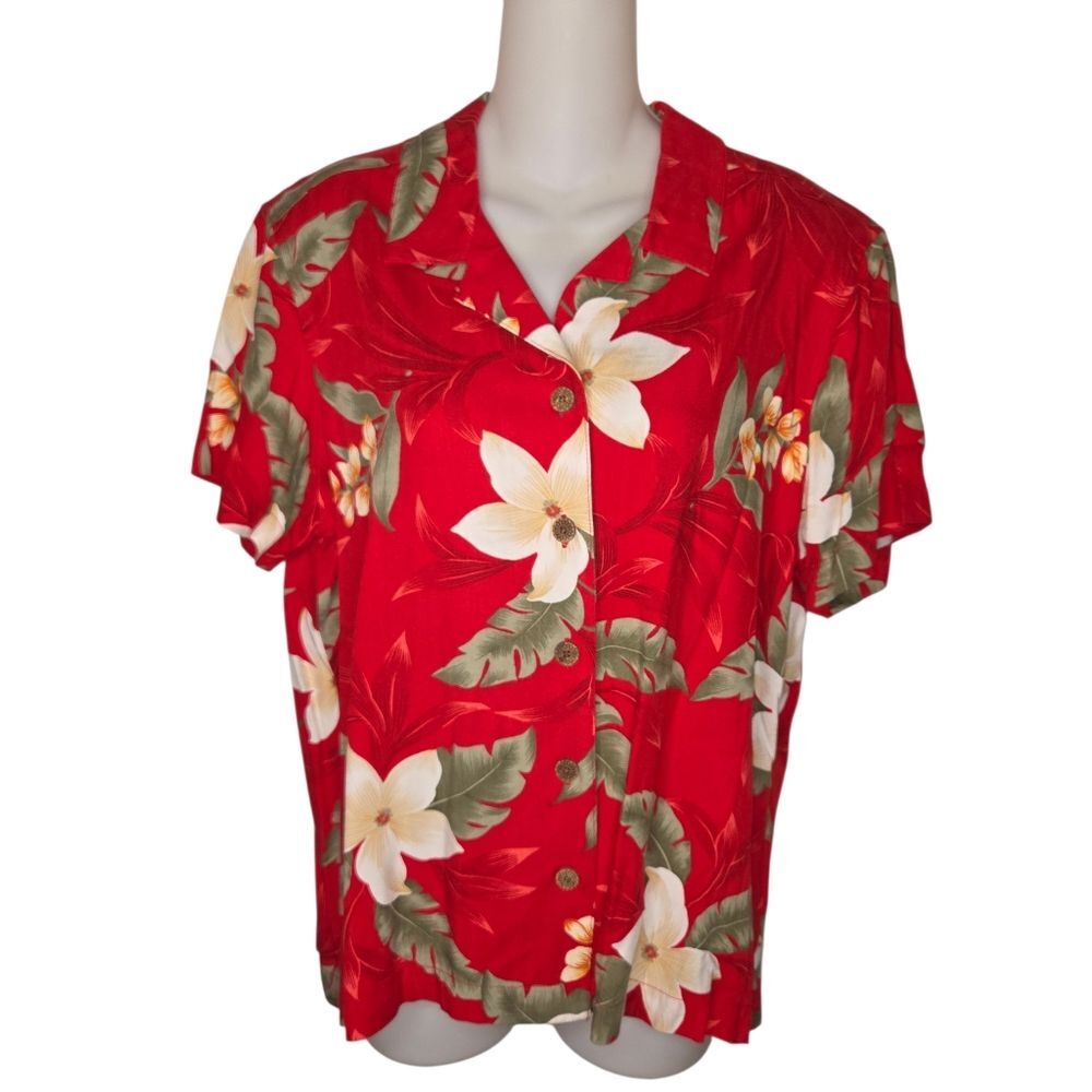 Caribbean Joe Vintage Women's Rayon Hawaiian Button-Down Blouse Top Size PL